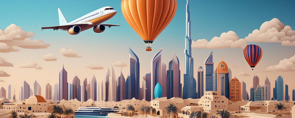 Firefly A hot air balloon floats through the skies of Dubai, with an Emirates Airlines plane visible